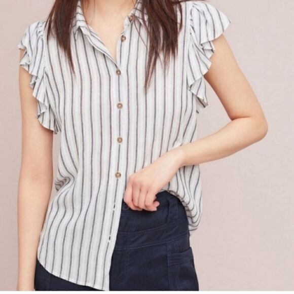 Anthropologie Maeve Fairhope White Stripe ButtonDown Flutter Sleeve Blouse Top S - Picture 1 of 13